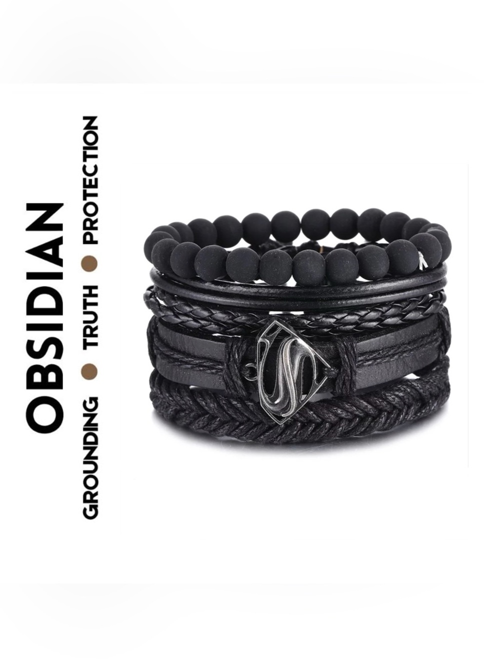 🌟🌟 Men Obsidian Leather layered Bracelet